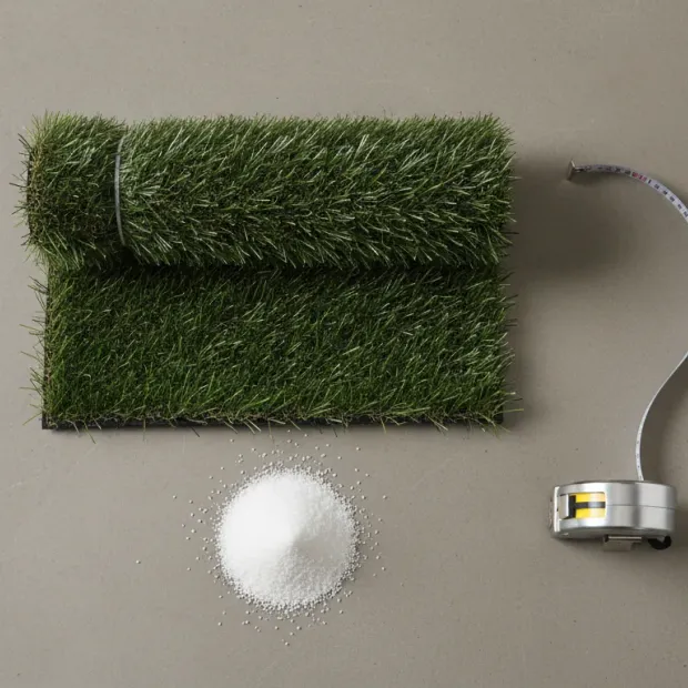 Artificial turf sample roll, tape measure, and infill laid out before a Tucson install