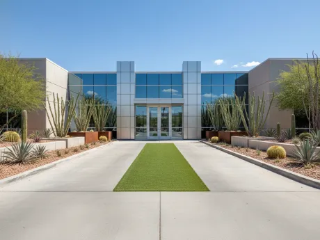 Manicured artificial turf median at a commercial property in Tucson