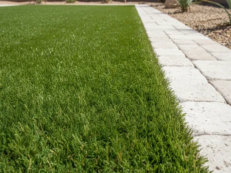 Pristine artificial turf lawn meeting a stone paver border in a Tucson yard