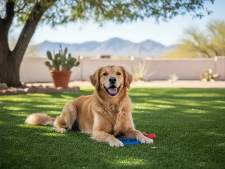 A dog resting on clean green artificial pet turf in a shaded Tucson backyard