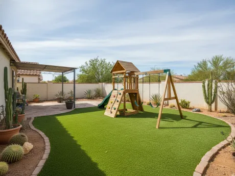 Soft green artificial turf play area in a residential desert backyard