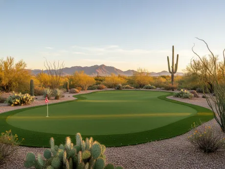 Backyard artificial putting green with a flag and cup surrounded by desert landscaping