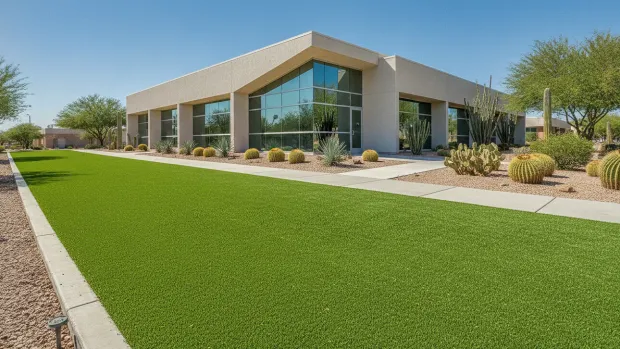 Manicured artificial turf frontage at a commercial property in Tucson with a modern building and desert landscaping