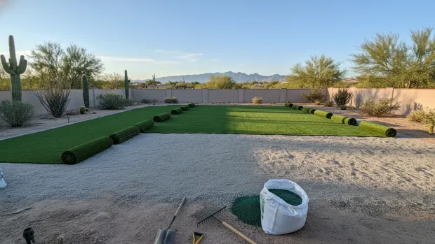 Artificial turf installation in progress over a compacted base in a Tucson backyard