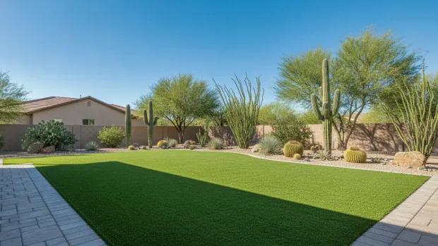 Pristine artificial turf lawn meeting a stone paver border in a sunny Tucson desert backyard