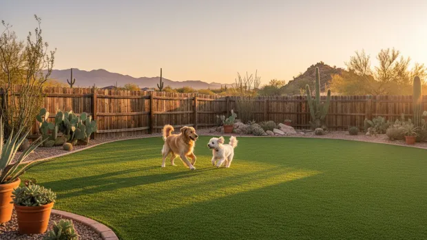 Two dogs playing on a lush artificial pet turf lawn in a fenced Tucson backyard