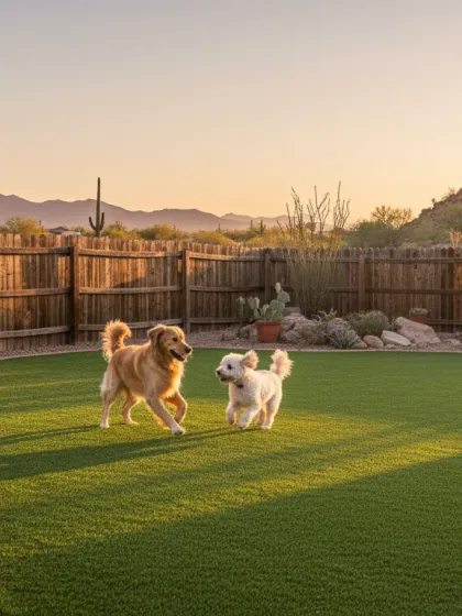 Dogs playing on artificial pet turf in a Tucson backyard
