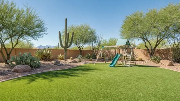 Soft green artificial turf play area with a playset in a residential Tucson desert backyard
