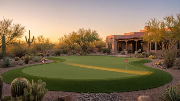 Custom backyard artificial putting green with flags and contours surrounded by Tucson desert landscaping