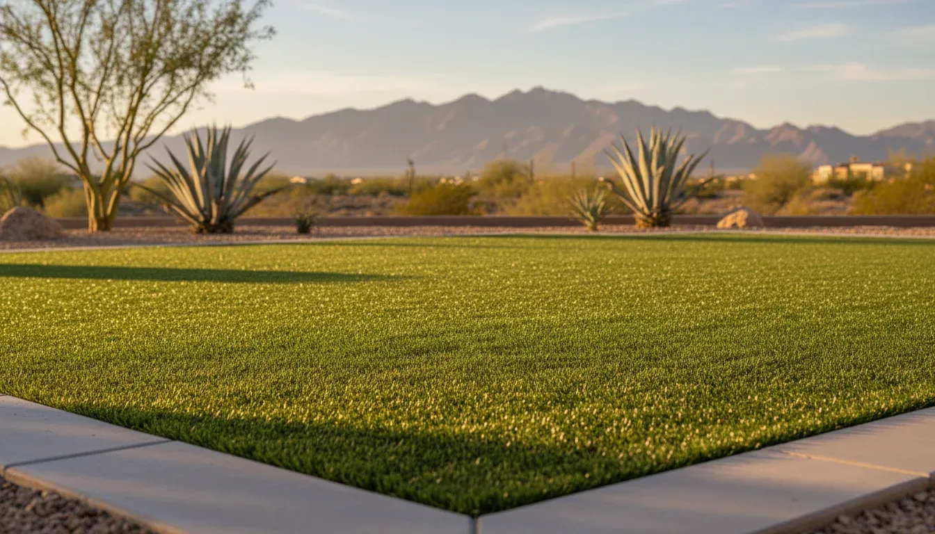 Freshly installed artificial turf lawn in a Tucson backyard with desert plants and the Catalina mountains behind
